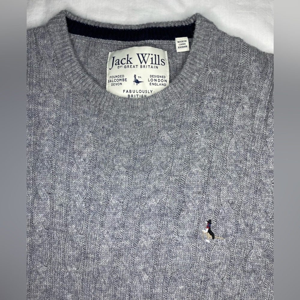 JACK WILLS Grey Round Neck 100% Merino Wool Cable Knit Logo